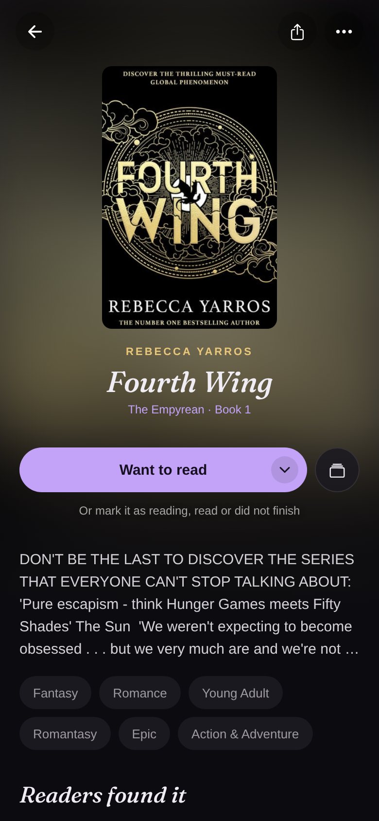 A book page in Booky showing Fourth Wing with a Want to read button