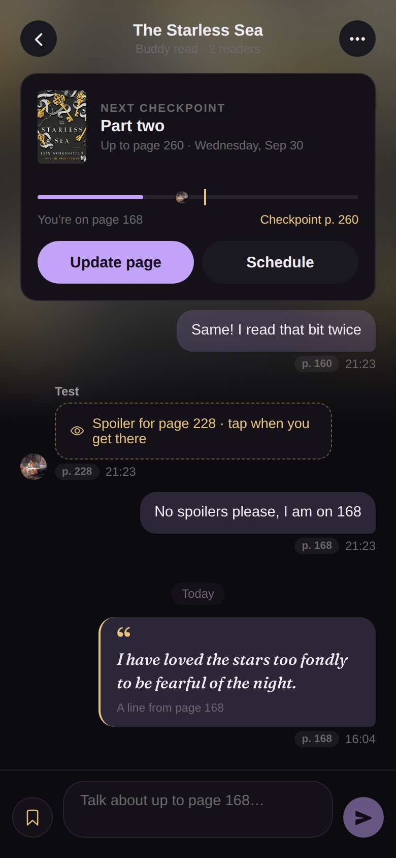 A buddy read chat in Booky with a hidden spoiler for page 228
